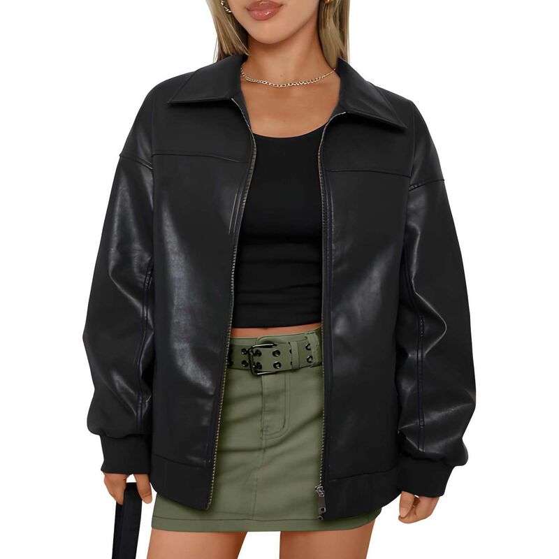 メガリテイラー レディース アウター 上衣・上衣 MegaRetailer Women ’ s Zip-Up Oversized Motorcycle Jacket Black 黒いこと