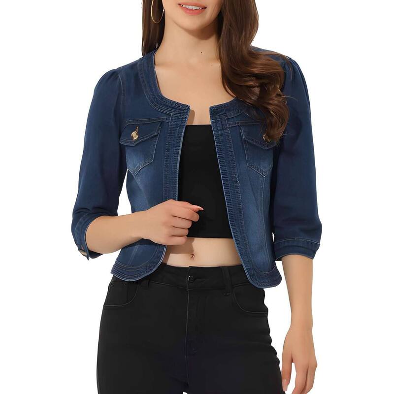 メガリテイラー レディース アウター 上衣・上衣 ジレー クロップド ジーンズ MegaRetailer Women ’ s 3/4 Sleeve Croppedenim Cardigan Jacket Dark Blue 青色