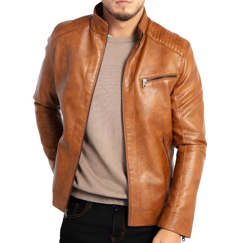 メガリテイラー レディース アウター ジャケット・ブルゾン レザー フェイクレザー MegaRetailer Mens Lightweight Moto Style Jacket in Faux Leather Brown ブラウン｜ReVida 店