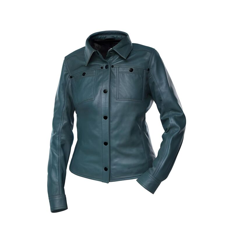 メガリテイラー レディース アウター 上衣・上衣 なめし革 MegaRetailer Women Button Front Lambskin Leather Shacket Casualong Sleeve Jacket Green 緑であること