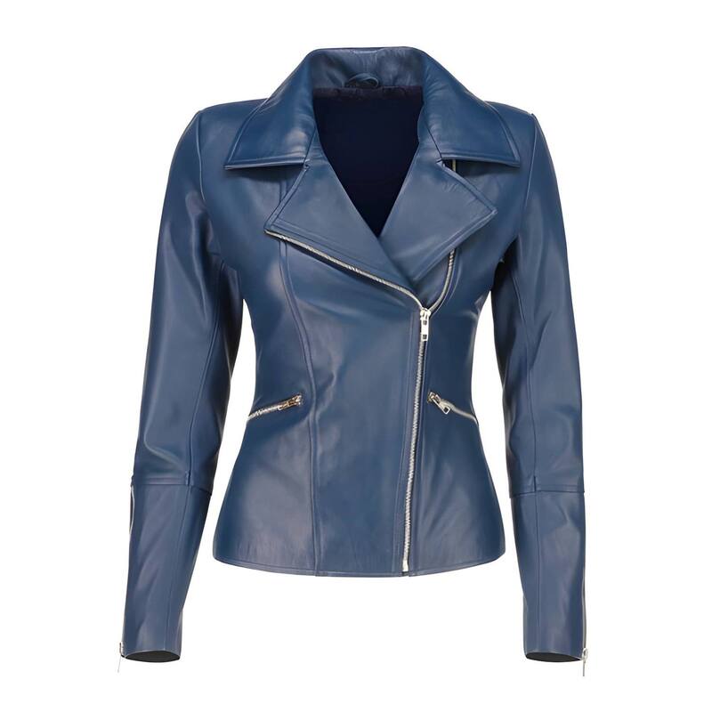 メガリテイラー レディース アウター 上衣・上衣 非対称 厚地の外套 なめし革 MegaRetailer Women Asymmetrical Zip Lambskin Leather Moto Jacket Casual Biker Coat Blue 青色
