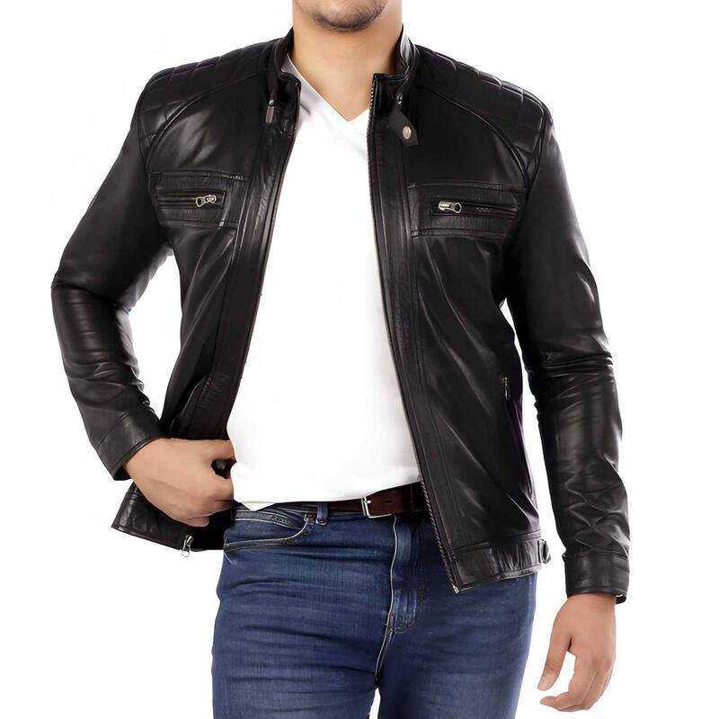 メガリテイラー レディース アウター 上衣・上衣 ヴィンテージ なめし革 MegaRetailer Signature Diamond Lambskin Leather Jacket Men Vintage Cafe Racer Style Black 黒いこと