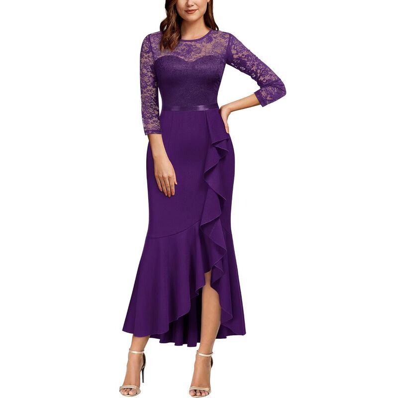 メガリテイラー レディース トップス ワンピース フラワー柄 フリル レース フラワー MegaRetailer Womens Classy Floralace Ruffle Formal Bridesmaid Long Dress Purple パープル｜ReVida 店