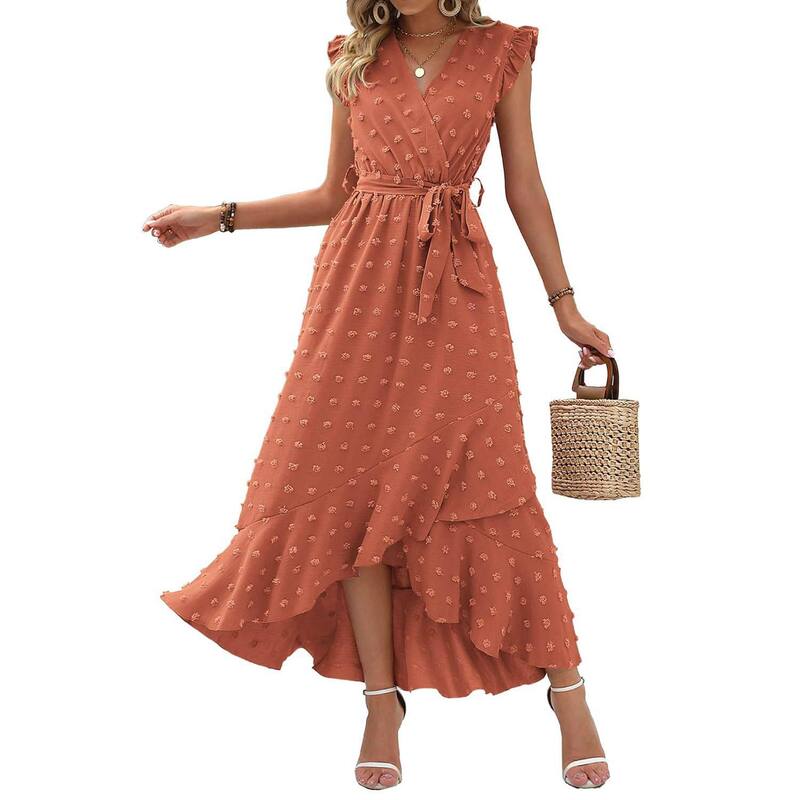 メガリテイラー レディース トップス 衣装 Vのど首 フラウンス MegaRetailer Women\u0027s Boho Wrap V-Neck Dress with Ruffle Sleeves and Slit Swiss Dot Orange Red 赤いこと