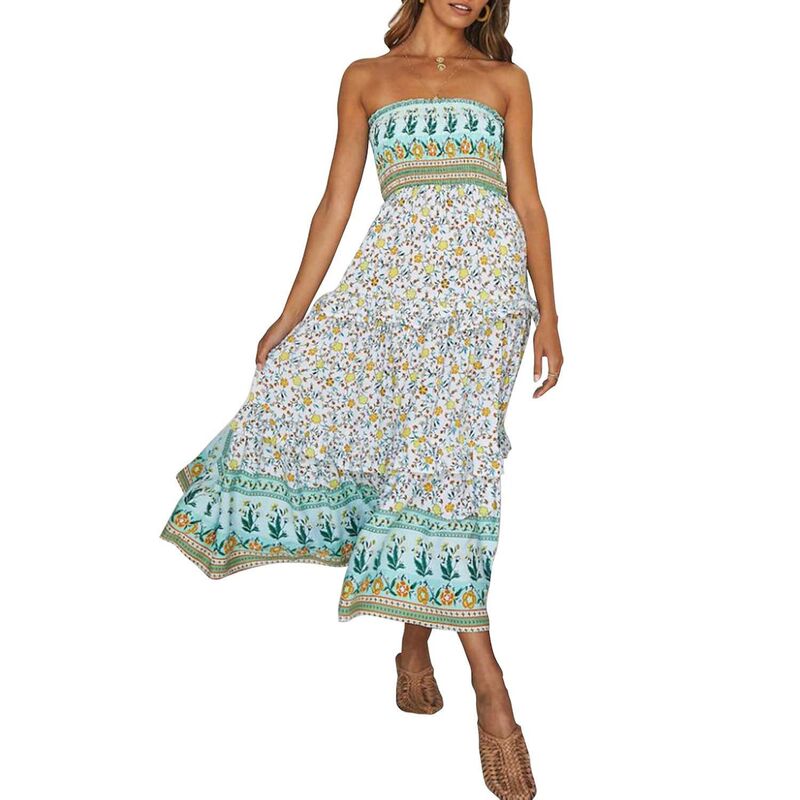 メガリテイラー レディース トップス 衣装 御花柄 ストラップレス マキシ 御花 MegaRetailer Women\u0027strapless Floral Maxi Dress for Summer Beach Parties Light Green 緑であること