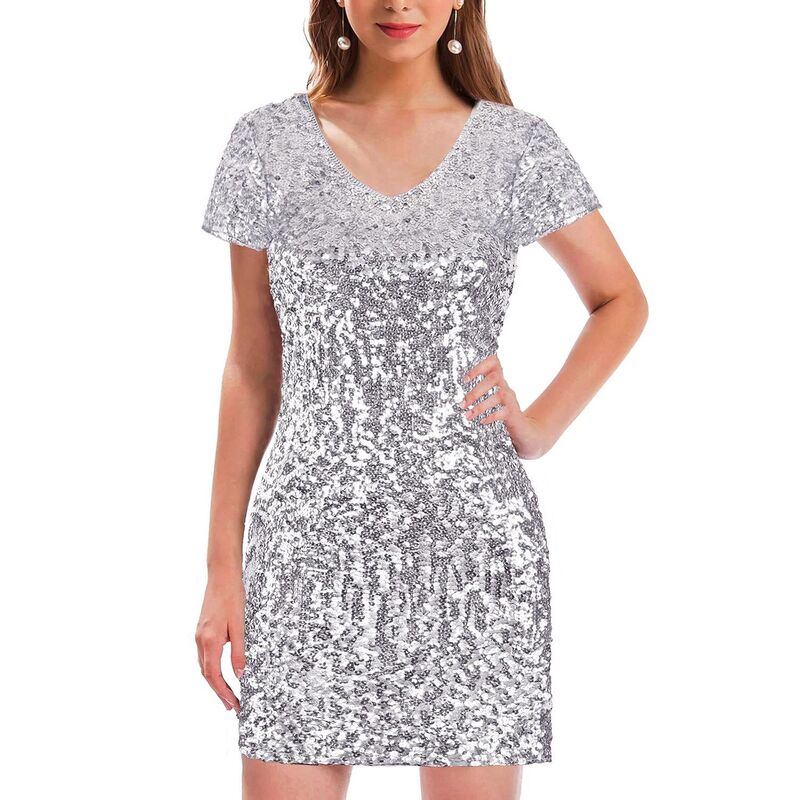 メガリテイラー レディース トップス 衣装 Vのど首 ミニ スパンコール MegaRetailer Womensequin Glitter Short Sleeve Dress V Neck Mini Party Clubodycon Dressesilver Grey 薄墨色
