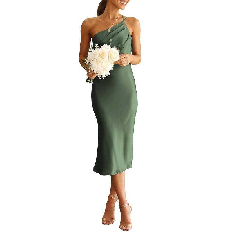 メガリテイラー レディース トップス 衣装 後ろ側食い違い ギャザー MIDI 繻子 MegaRetailer Womens Midi Satin Dress One Shoulder Spaghetti Strap Backless Ruched Summer Bodycon Dresses Army Green 緑であること