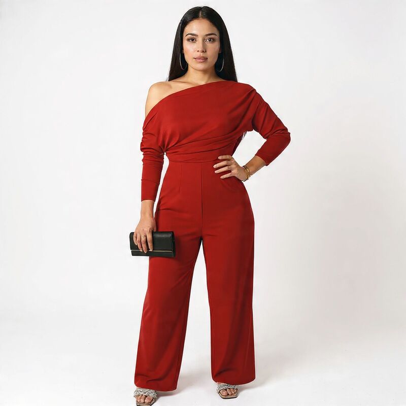 メガリテイラー レディース トップス 衣装 オフショルダー 飛び降りる背広 MegaRetailer Chic Off-Shoulder Long Sleeve Jumpsuit for Women Red 赤いこと
