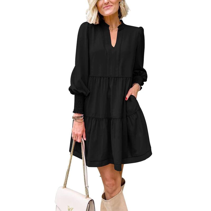 メガリテイラー レディース トップス 衣装 Vのど首 ティアード フラウンス MegaRetailer Womens Fallong Sleeve Tunic Dress Casual V Neck Loose Ruffle Tieredress A-Black A Black 黒いこと