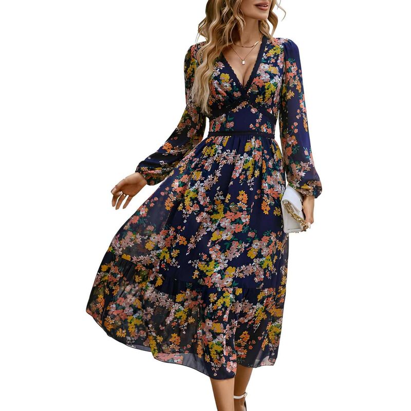 メガリテイラー レディース トップス 衣装 A 生産ライン 帝国 MegaRetailer Long Sleeve A-Linempire Waist Dress Navy Flowers 米国海軍