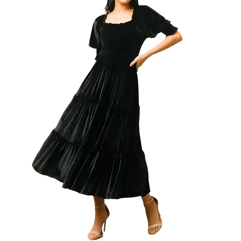 メガリテイラー レディース トップス 衣装 天鵝絨 MegaRetailer Women\u0027s Velvet Puff Sleeve Fall Dress Black 黒いこと