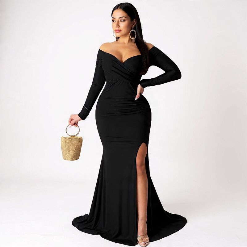 メガリテイラー レディース トップス 衣装 MegaRetailer Sleek Long Sleeve Formal Dress Floor Black 黒いこと