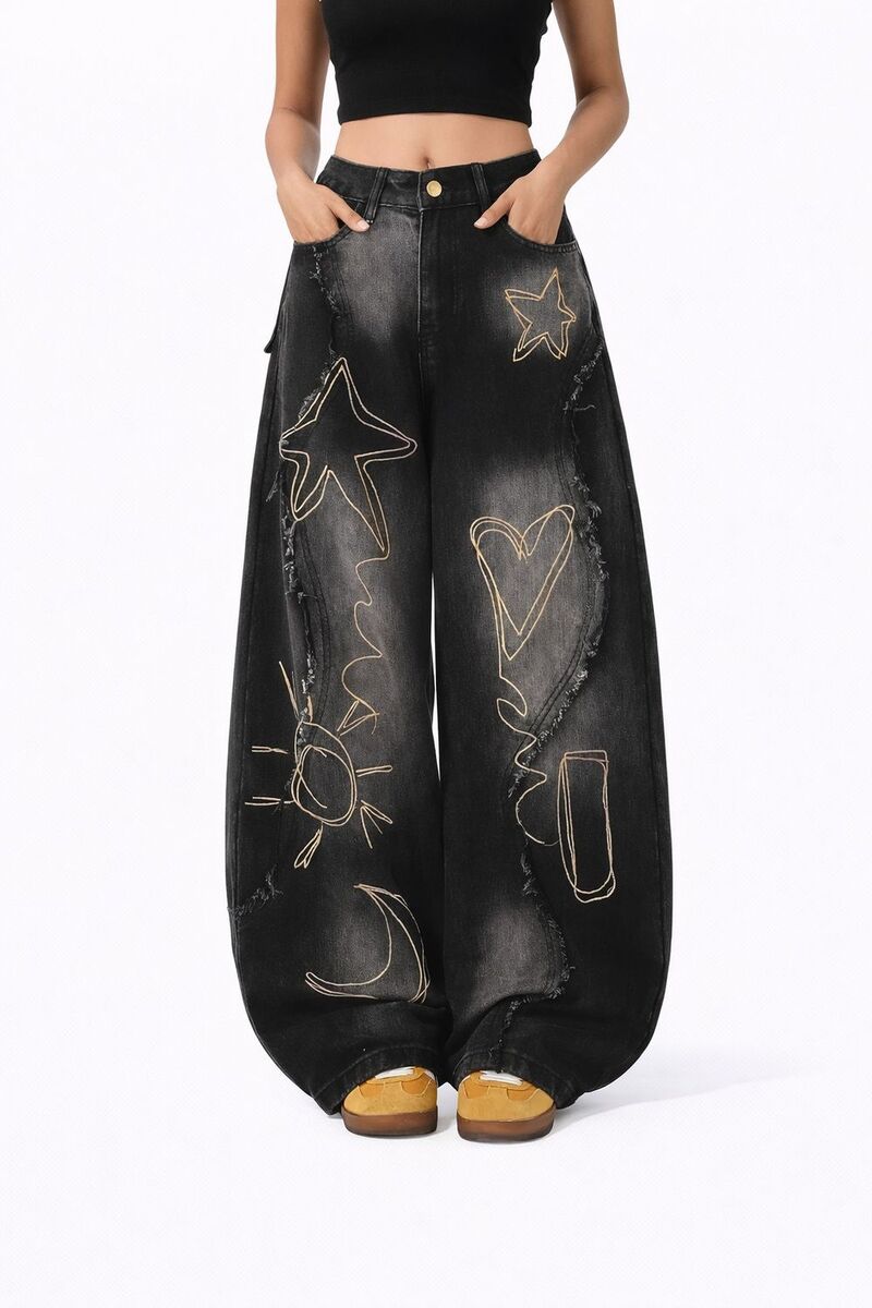 メガリテイラー レディース ボトムス デニムパンツ ジーンズ MegaRetailer Women Casual Star Patch Jeans Black ブラック｜ReVida 店