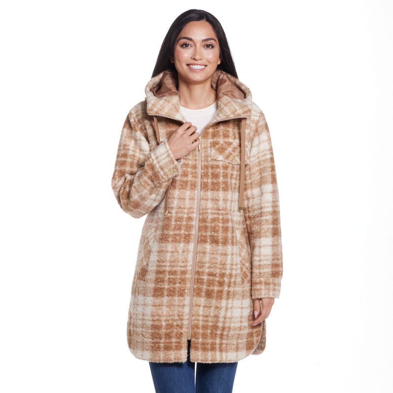 ウェザーキャスト レディース アウター 上衣・上衣 Women\u0027s Weathercast Zip Front Hooded Boucl Shacketan Plaid タン