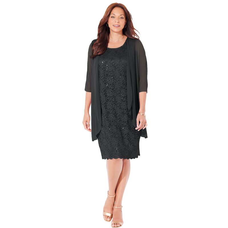 キャサリンズ レディース トップス 衣装 足し加える大きさ プチ スピード競技 上衣 Catherines Women\u0027s Plusize Petite Sparkling Lace Jacket Dress Black 黒いこと
