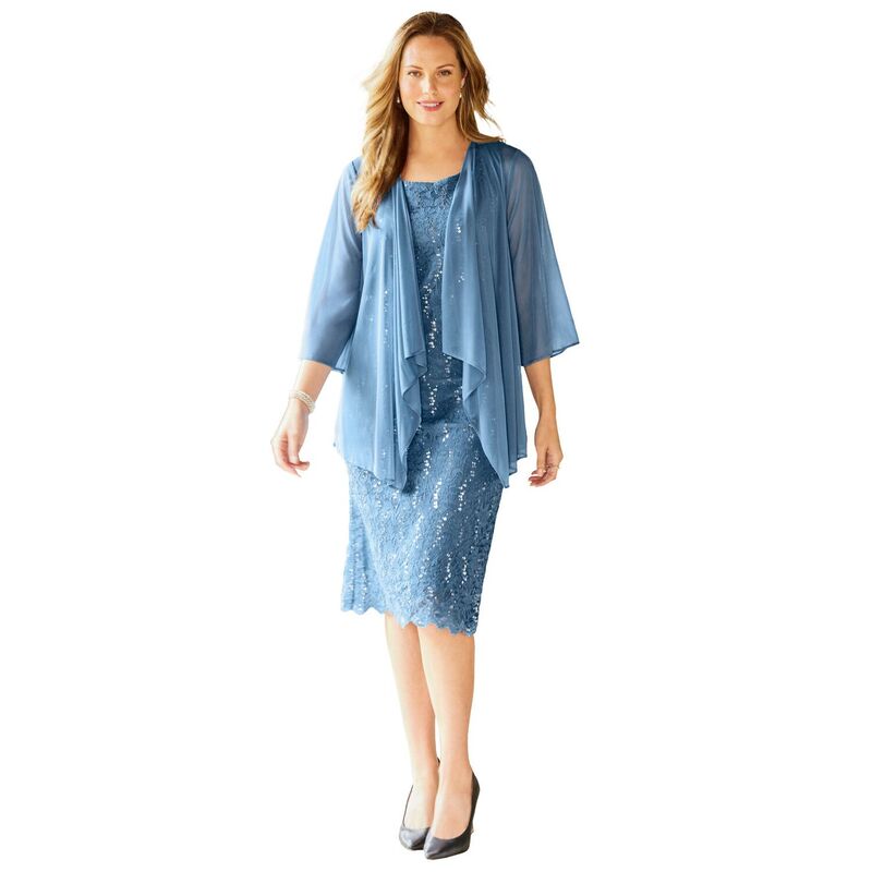 キャサリンズ レディース トップス 衣装 足し加える大きさ プチ スピード競技 上衣 Catherines Women\u0027s Plusize Petite Sparkling Lace Jacket Dress Ink Blue 青色
