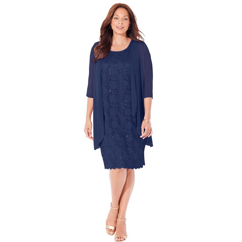 キャサリンズ レディース トップス 衣装 足し加える大きさ プチ スピード競技 上衣 Catherines Women\u0027s Plusize Petite Sparkling Lace Jacket Dress Mariner Navy 米国海軍
