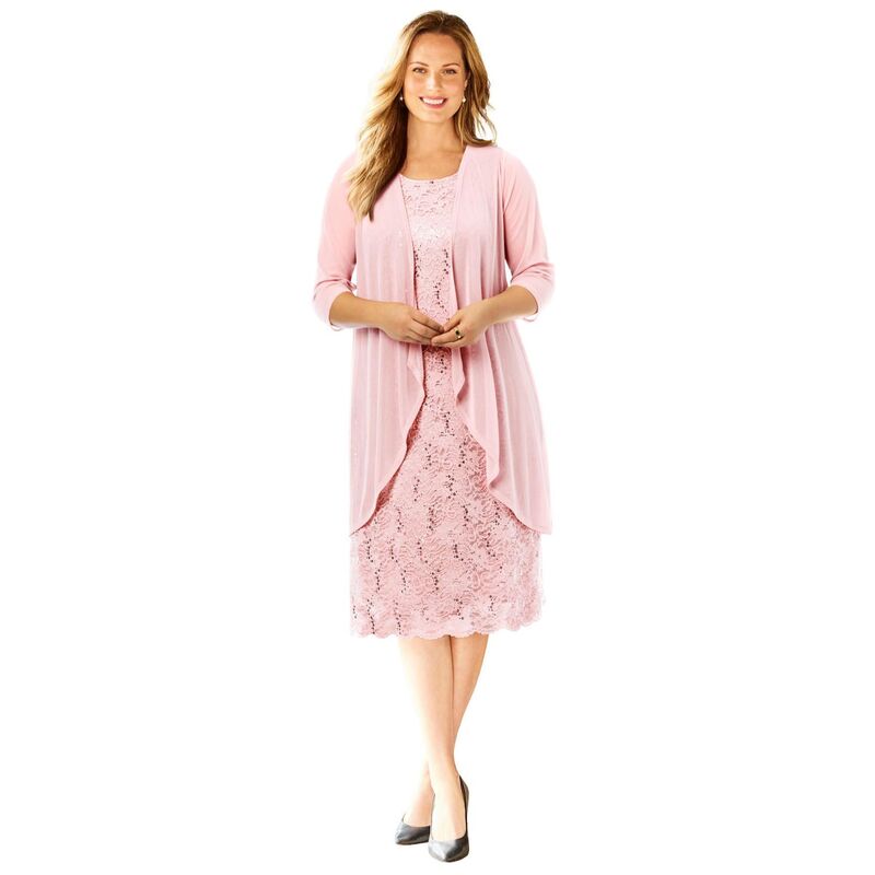 キャサリンズ レディース トップス 衣装 足し加える大きさ プチ スピード競技 上衣 Catherines Women\u0027s Plusize Petite Sparkling Lace Jacket Dress Wood Rose Pink サクラ色