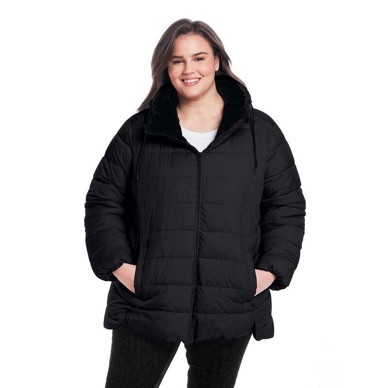 ウェザーキャスト レディース アウター 上衣・上衣 足し加える大きさ 厚地の外套 Plusize Weathercast Hooded Puffer Coat with Cozy Pile Black 黒いこと