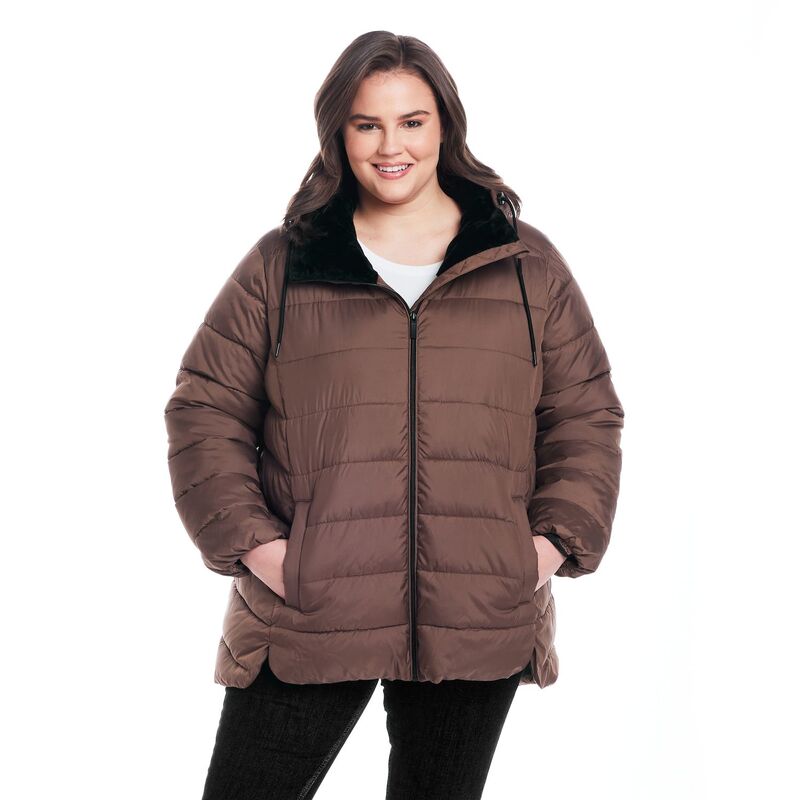 ウェザーキャスト レディース アウター 上衣・上衣 足し加える大きさ 厚地の外套 Plusize Weathercast Hooded Puffer Coat with Cozy Pile Mocha モカ