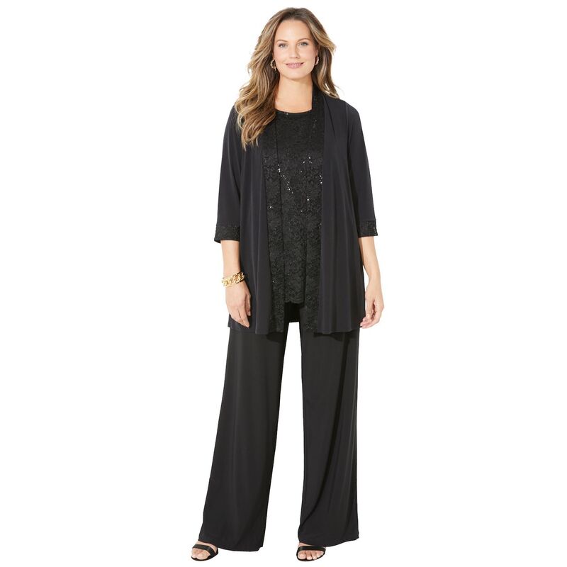 キャサリンズ レディース トップス 衣装 足し加える大きさ スピード競技 Catherines Women\u0027s Plusize Lace Gala 3-Piece Pant Suit Black 黒いこと