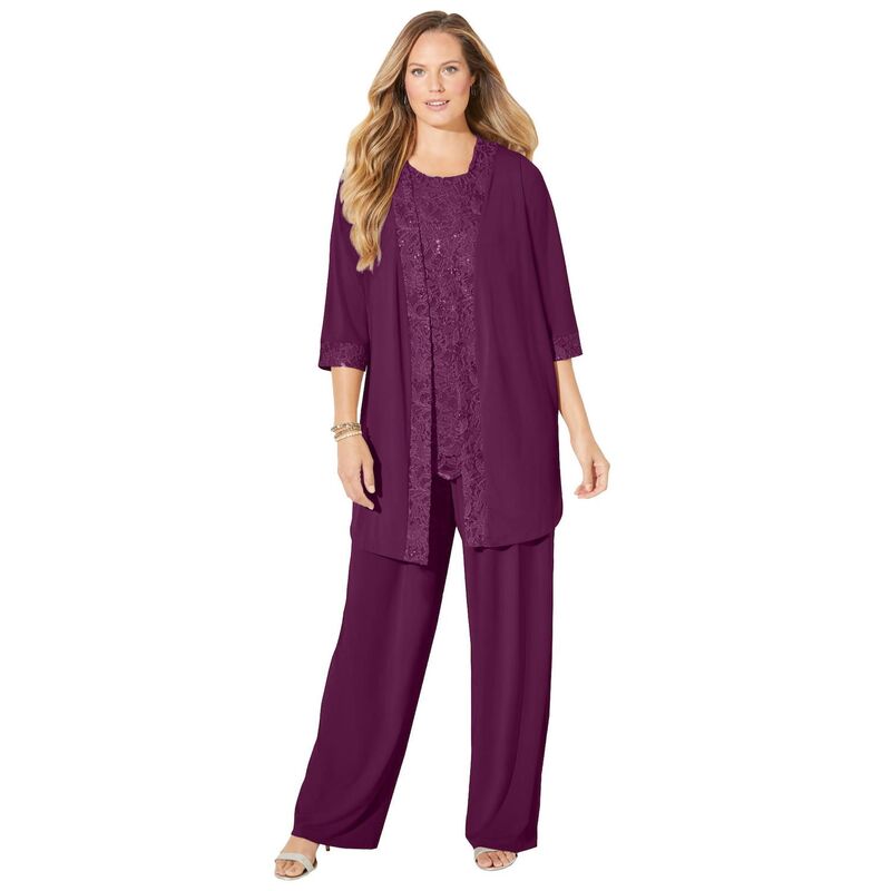 キャサリンズ レディース トップス 衣装 足し加える大きさ スピード競技 Catherines Women\u0027s Plusize Lace Gala 3-Piece Pant Suit Deep Berry