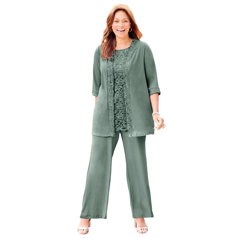 キャサリンズ レディース トップス 衣装 足し加える大きさ スピード競技 Catherines Women\u0027s Plusize Lace Gala 3-Piece Pant Suit Dusty Pine
