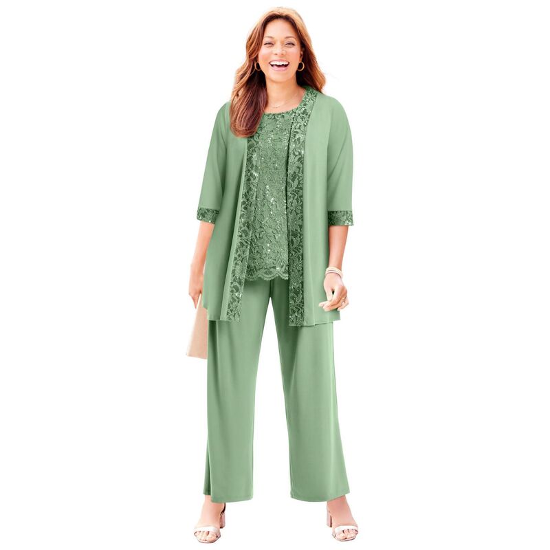 キャサリンズ レディース トップス 衣装 足し加える大きさ スピード競技 Catherines Women\u0027s Plusize Lace Gala 3-Piece Pant Suit Sage サルヴィア