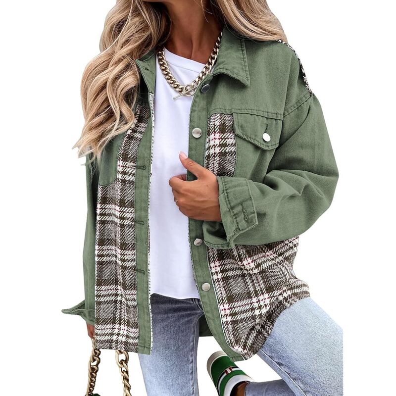 メガリテイラー レディース アウター 上衣・上衣 MegaRetailer Women\u0027s Casual Plaid Shacket Green 緑であること