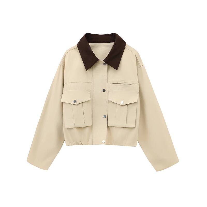 メガリテイラー レディース アウター 上衣・上衣 対比 クロップド MegaRetailer Womens Cropped Utility Jacket with Contrast Collar and Cargo Style Pockets Beige ベージュ
