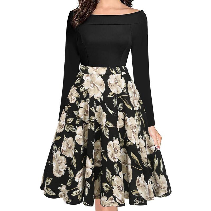 メガリテイラー レディース トップス 衣装 御花柄 御花 MegaRetailer Womens Casual Floral Flare Dress Long Sleeve Party Outfit Black Long 黒いこと