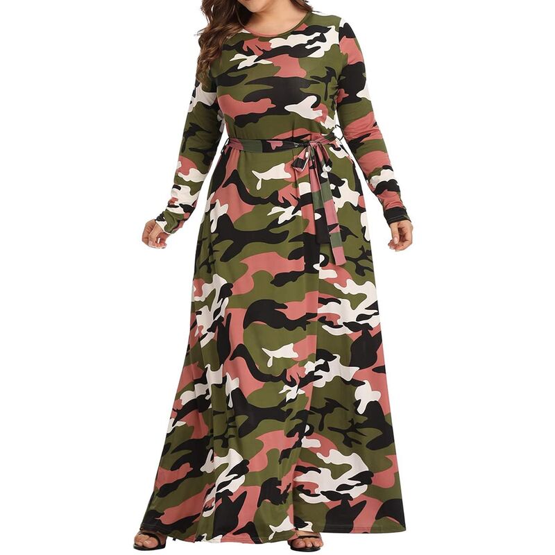 メガリテイラー レディース トップス 衣装 足し加える大きさ 刷り上げる マキシ MegaRetailer Plusize Camouflage Maxi Dress For Women Long Sleeve Printed Long Dresses Army Green 緑であること