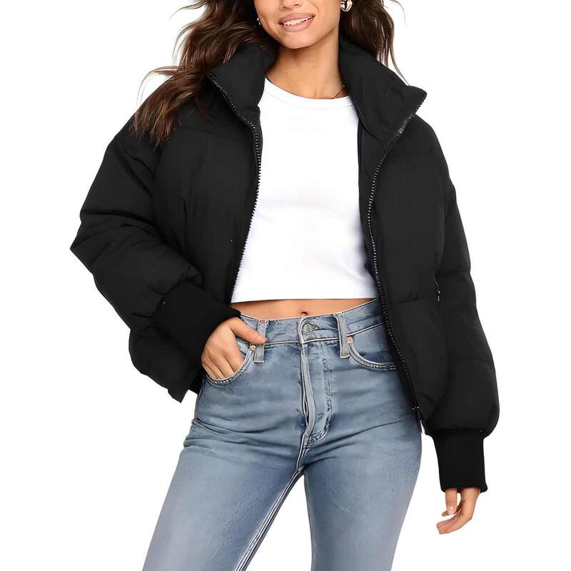 メガリテイラー レディース アウター 上衣・上衣 キルティング 厚地の外套 クロップド MegaRetailer Oversized Cropped Quilted Puffer Jacket for Women Winter Coat Black 黒いこと