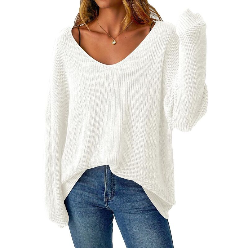 メガリテイラー レディース アウター 編み物・スウェーター Vのど首 MegaRetailer Women ’ s Falloose Fit V-Neck Pullover Sweater White 白いこと