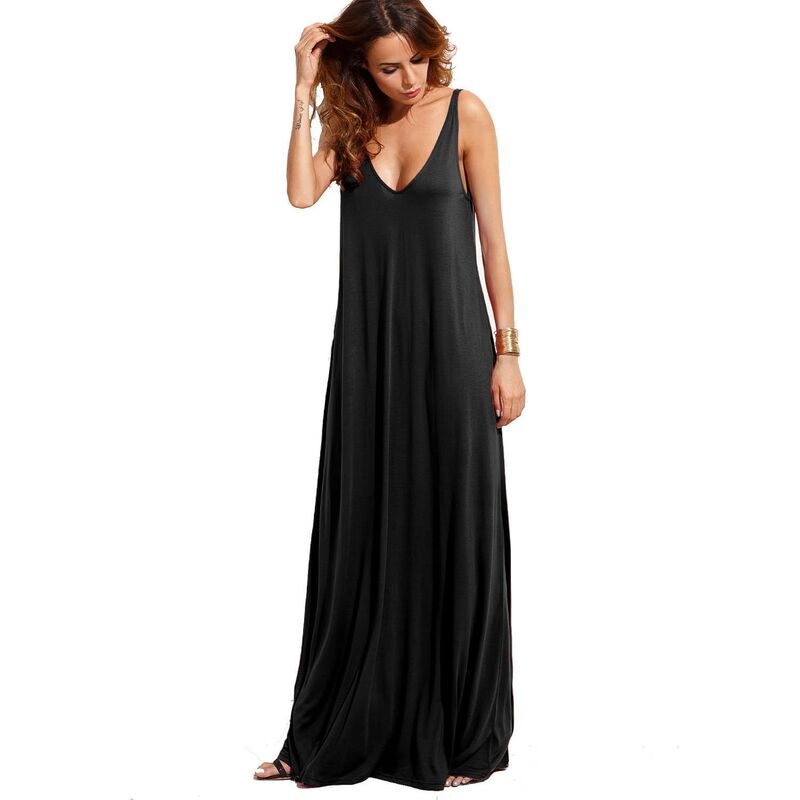 メガリテイラー レディース トップス 衣装 Vのど首 ノースリーブ マキシ MegaRetailer Sleeveless Deep V-Neck Maxi Dress for Women Ideal for Summer Black 黒いこと