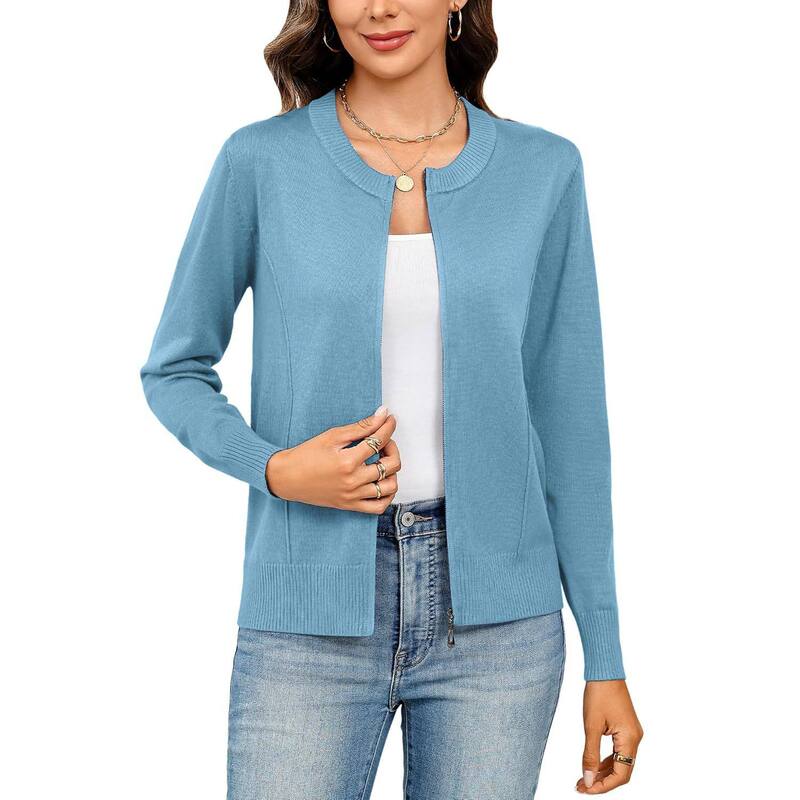 メガリテイラー レディース アウター 編み物・スウェーター 上衣 MegaRetailer Womens Long Sleeve Zipper Knit Sweater Lightweight Jacket Line Gray Blue 薄墨色