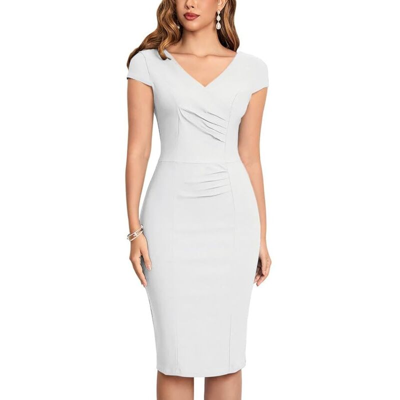 メガリテイラー レディース トップス ワンピース ひざ丈 キャップ エンパイア MegaRetailer Womens Pinup Style Cap Sleeves Empire Waist Knee Length Bridesmaidress White ホワイト｜ReVida 店