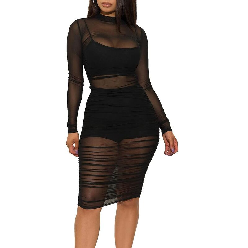 メガリテイラー レディース トップス 衣装 メッシュ 遊撃手ズボン下 MegaRetailer Womens Mesh Dress Long Sleeve Bodycon 3 Piece Outfits With Cami Shorts Black 黒いこと