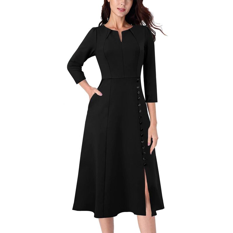 メガリテイラー レディース トップス 衣装 A 生産ライン 向こう正面細長い切口 筋目 MIDI MegaRetailer Womens Elegant A-Line Pleated Midi Dress with Front Slit Black 黒いこと