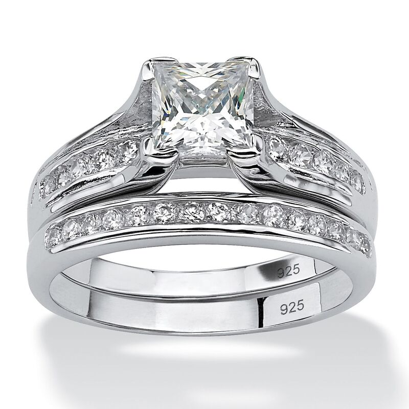 パームビーチジュエリー レディース アクセサリー リング PalmBeach Jewelry 1.88 TCW Princess-Cut CZ Platinum-plated Sterling Silver 2-Piece Bridal Ring Set White ホワイト|ReVida 店