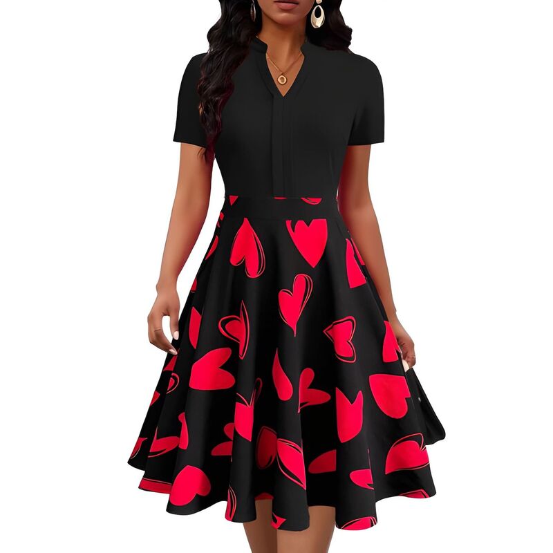 メガリテイラー レディース トップス 衣装 Vのど首 MegaRetailer V Neck Short Sleeve Flaredress for Women Black Pink 黒いこと