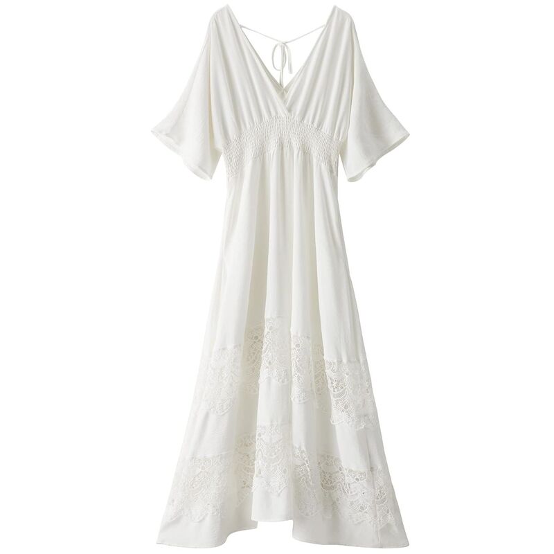 メガリテイラー レディース トップス ワンピース Vネック レース MegaRetailer Women's V-Neck Lace Boho Dress White ホワイト｜ReVida 店