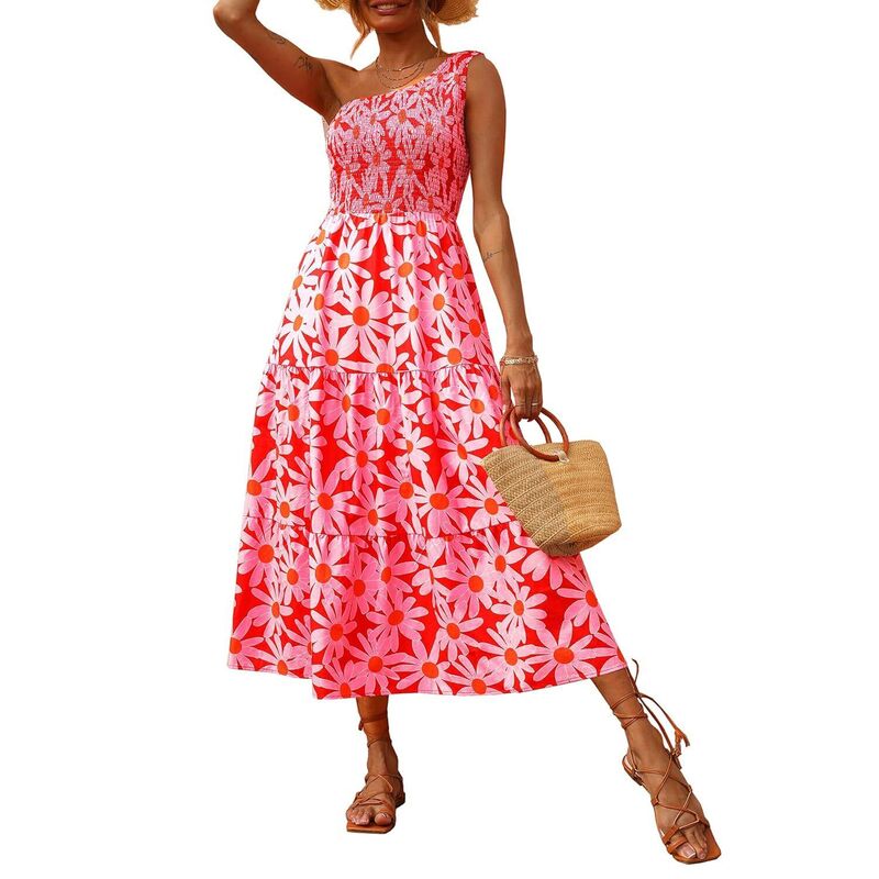 メガリテイラー レディース トップス 衣装 MegaRetailer Flowy One Shoulder Beach Dress Floral Red 赤いこと