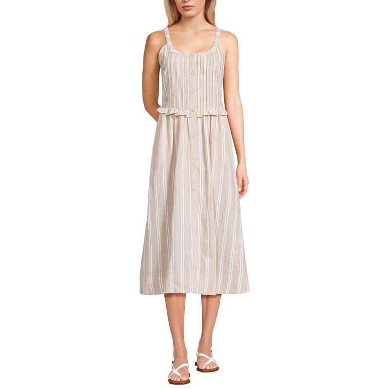 ランズ挙げ句の果て レディース トップス 衣装 MIDI リネン Women\u0027s Lands\u0027 End Linen Blend Pintuck Tank Top Midi Dress Champagne Whi Stripe 三鞭酒