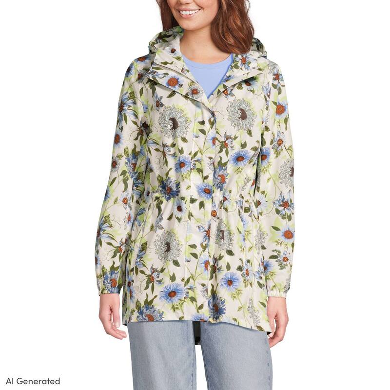 ランズ挙げ句の果て レディース アウター 上衣・上衣 プチ 刷り上げる 厚地の外套 Petite Lands\u0027 End Print Waterproof Hooded Packable Raincoat Sky Ivory Floral 象牙色