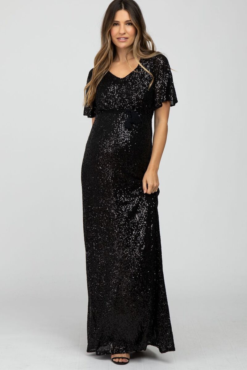 サクラ色毛はらい レディース トップス ワンピースパンコール マタニティ マキシ PinkBlush Maternity Sequin Short Sleeve Maxi Dress Black 黒いこと