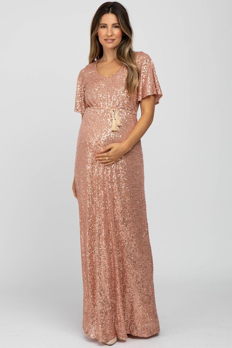 サクラ色毛はらい レディース トップス ワンピースパンコール マタニティ マキシ PinkBlush Maternity Sequin Short Sleeve Maxi Dress Pink サクラ色