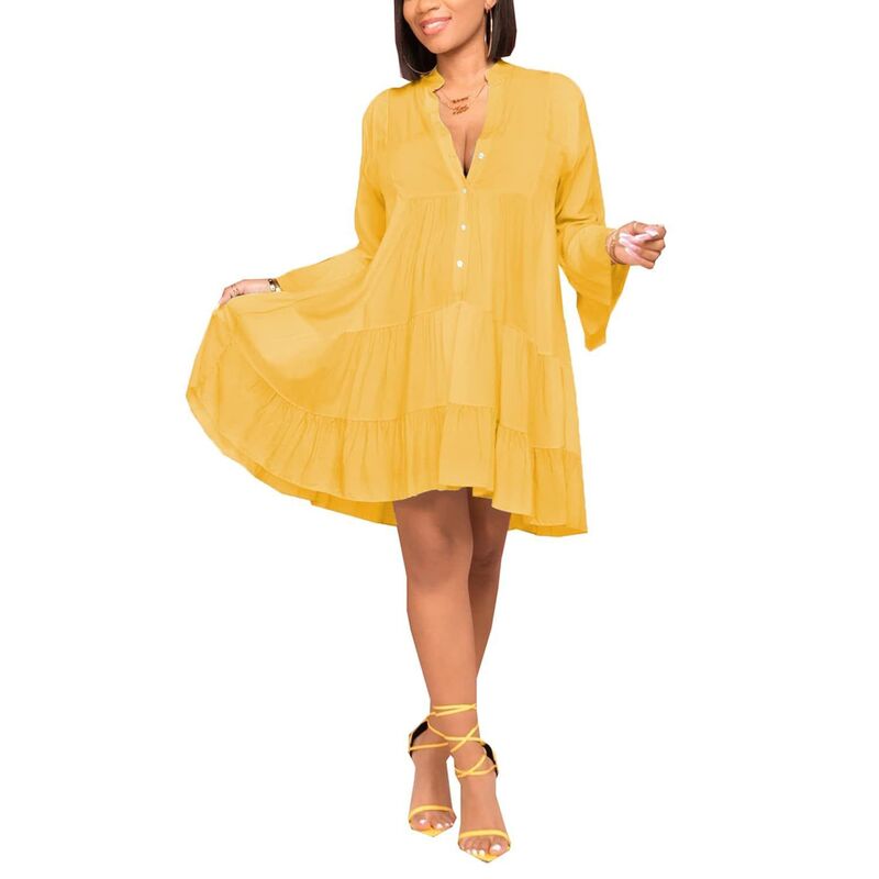 メガリテイラー レディース トップス 衣装 フラウンス MegaRetailer Elegant Flowy Bell Sleeve Ruffle Dress for Women 266yellow