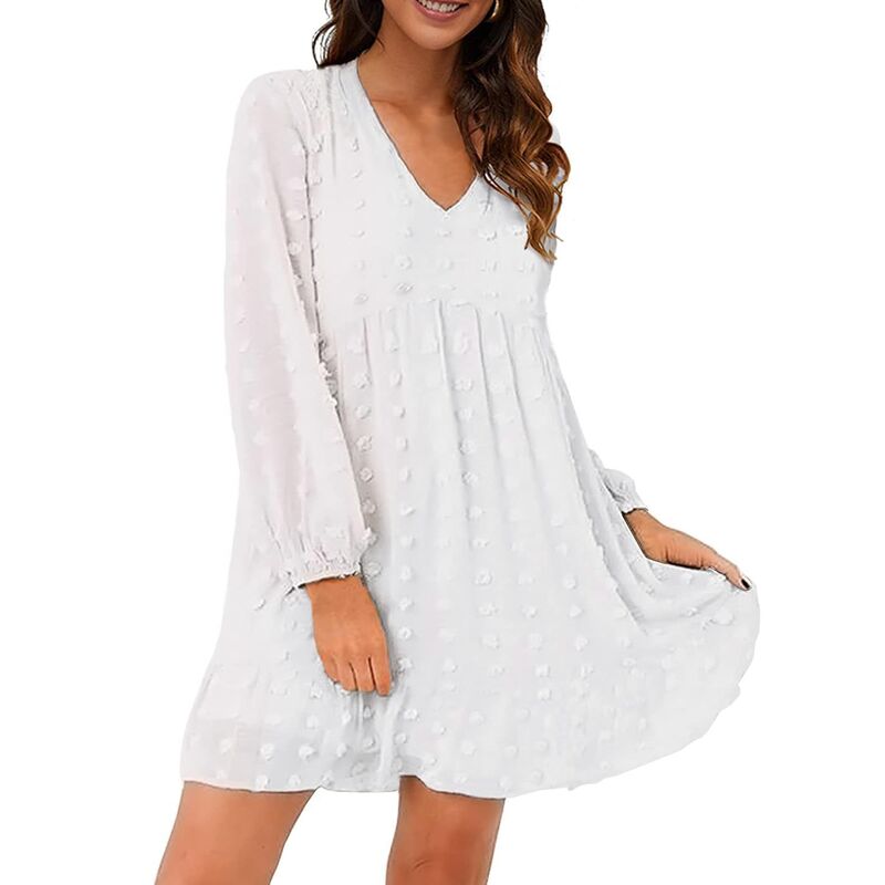 メガリテイラー レディース トップス 衣装 Vのど首 シフォン ミニ MegaRetailer Womens White Dresses Flowy Babydoll Dress Chiffon Long Sleeve V Neck Cute Mini Tunic Dress White 白いこと