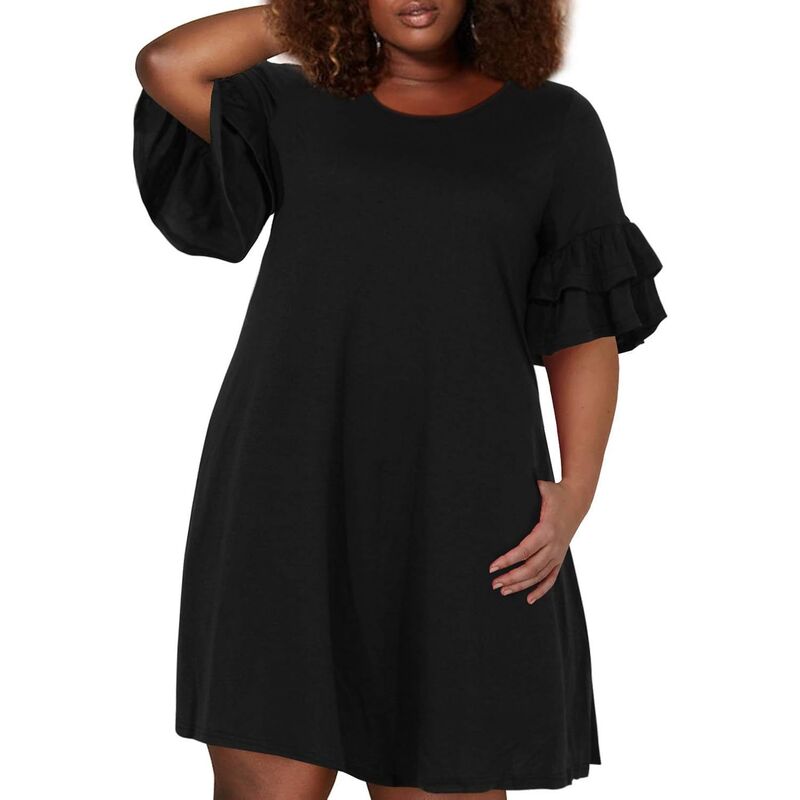 メガリテイラー レディース トップス 衣装 足し加える大きさ フラウンス 編み物 プルオーバー MegaRetailer Womens Ruffle Sleeve Jersey Knit Plusize Casual Swing Dress With Pocket Black 黒いこと